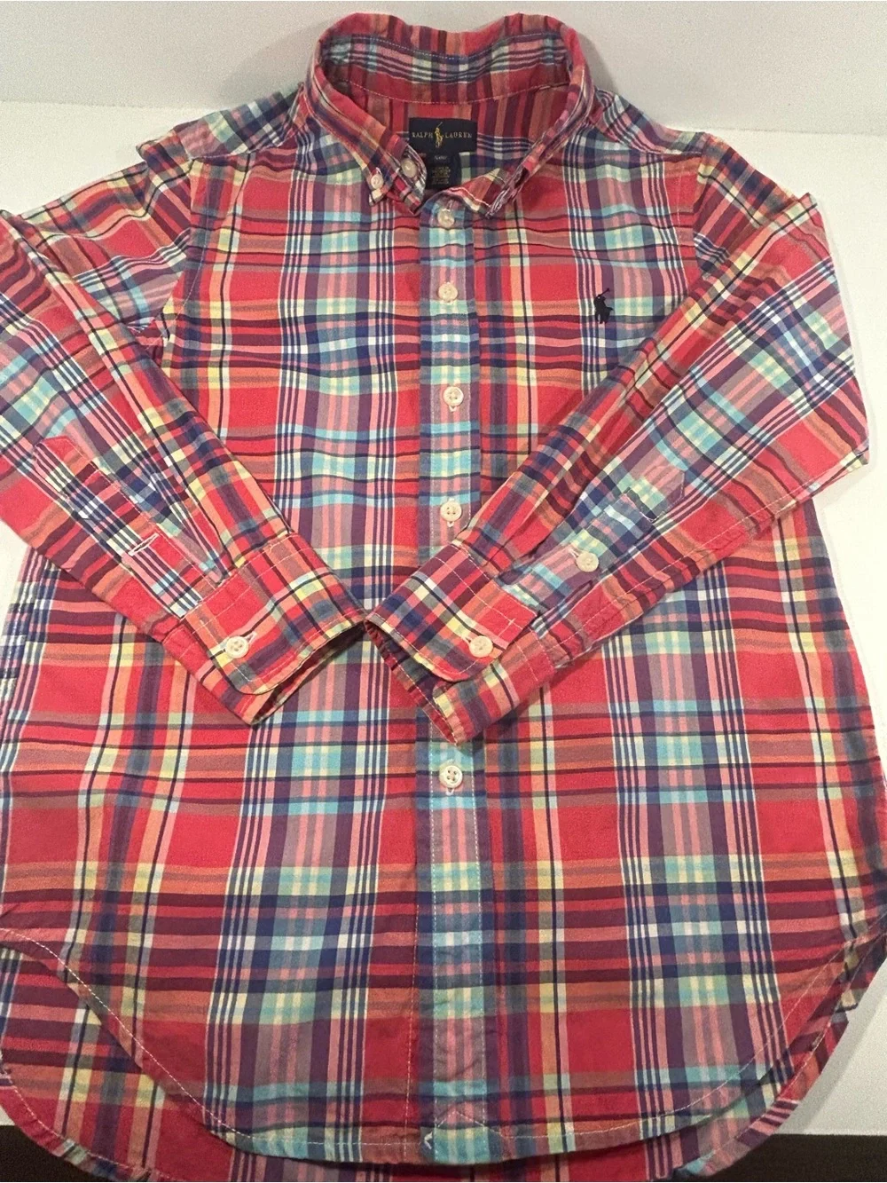 Polo Ralph Lauren Boys Size 8 Red Blue Plaid Long Sleeve Button Down Shirt